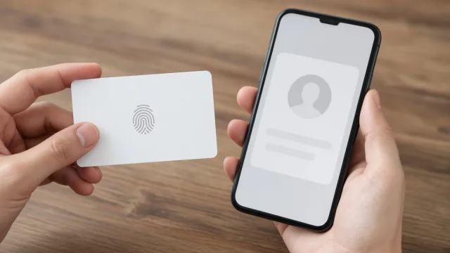 Hand holding a blank white card with a fingerprint symbol next to a phone showing a profile card