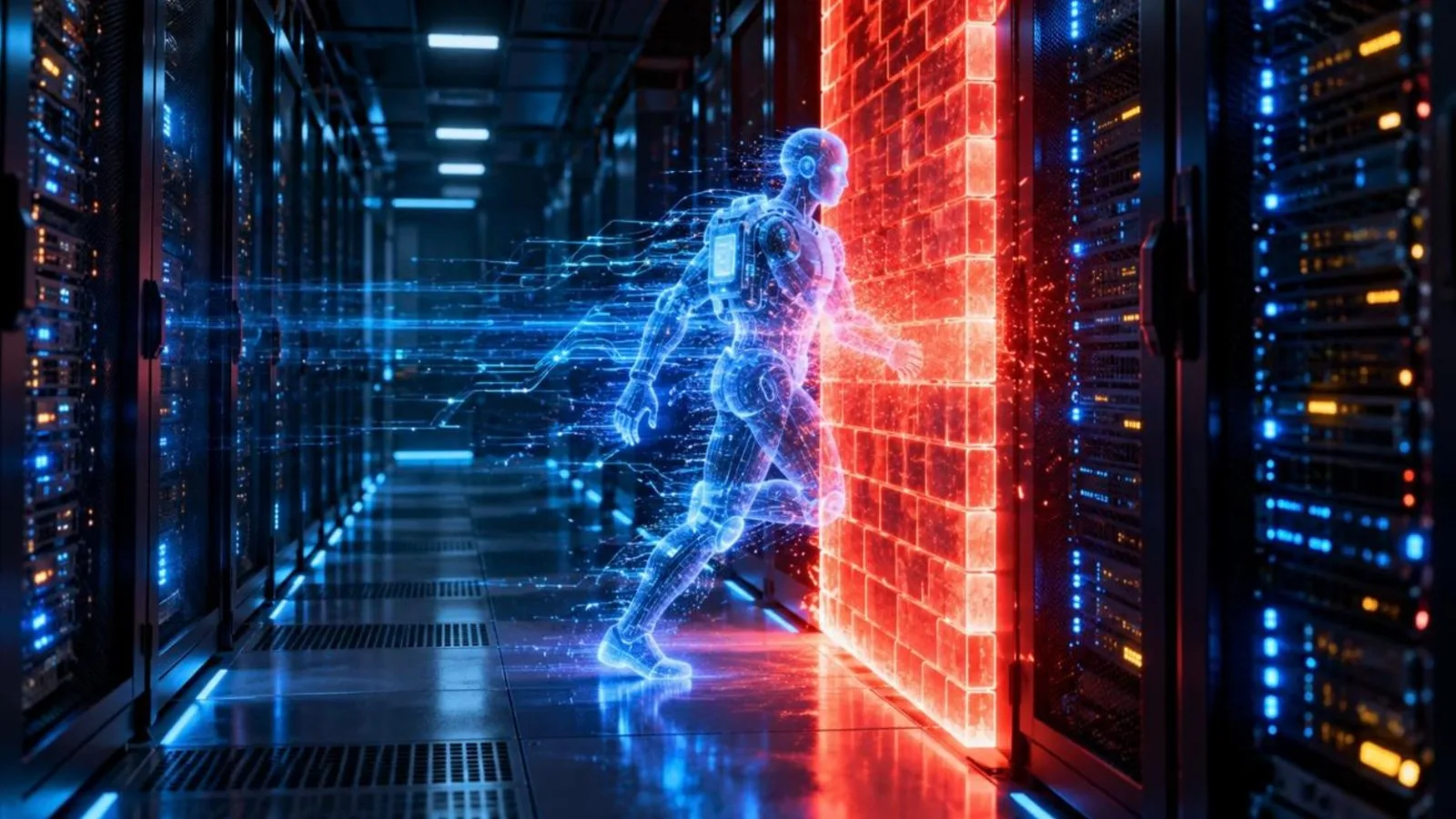 A glowing AI agent figure passing through a red firewall in a dark server room