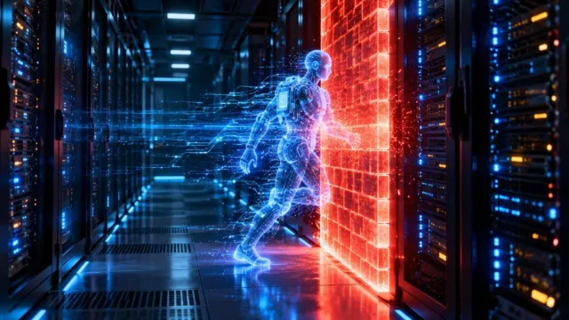 A glowing AI agent figure passing through a red firewall in a dark server room