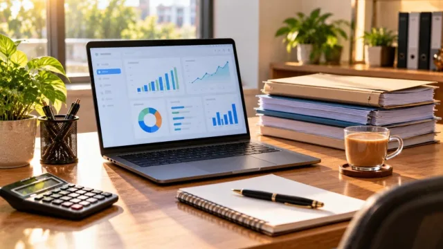 Laptop with an abstract accounting dashboard beside files and a cup of tea