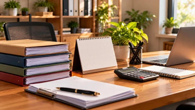 Desk calendar with a laptop, calculator and tidy files in a small office
