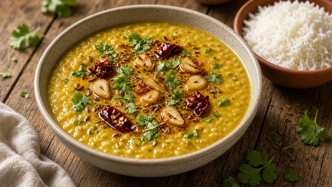 Editorial illustration of a bowl of yellow moong dal with tadka, rice and coriander on a wooden table