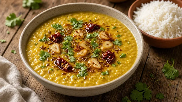 Editorial illustration of a bowl of yellow moong dal with tadka, rice and coriander on a wooden table