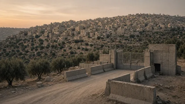 A closed concrete checkpoint gate on a road below a hillside stone city and olive groves at dusk, with no people present.