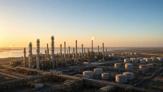 A large oil refinery with distillation towers and storage tanks at sunset