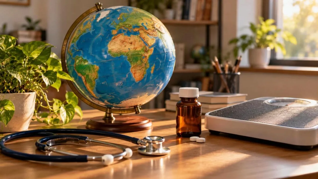 Globe with stethoscope, plant, medicine bottle and weighing scale