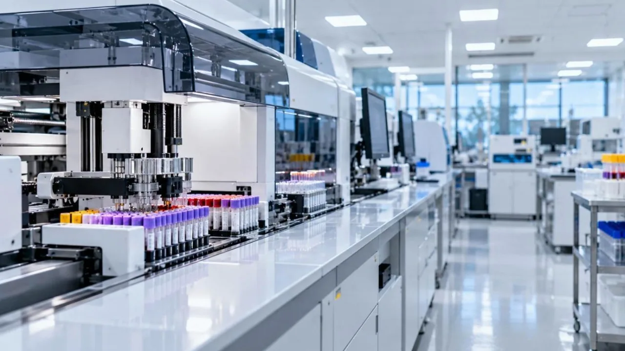 A modern diagnostics laboratory with automated testing machines and test tubes