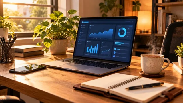 Laptop, smartphone, diary and tea on a home office desk
