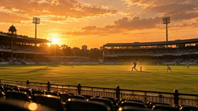 A cricket stadium at golden hour with a batsman silhouette playing a powerful shot in the distance