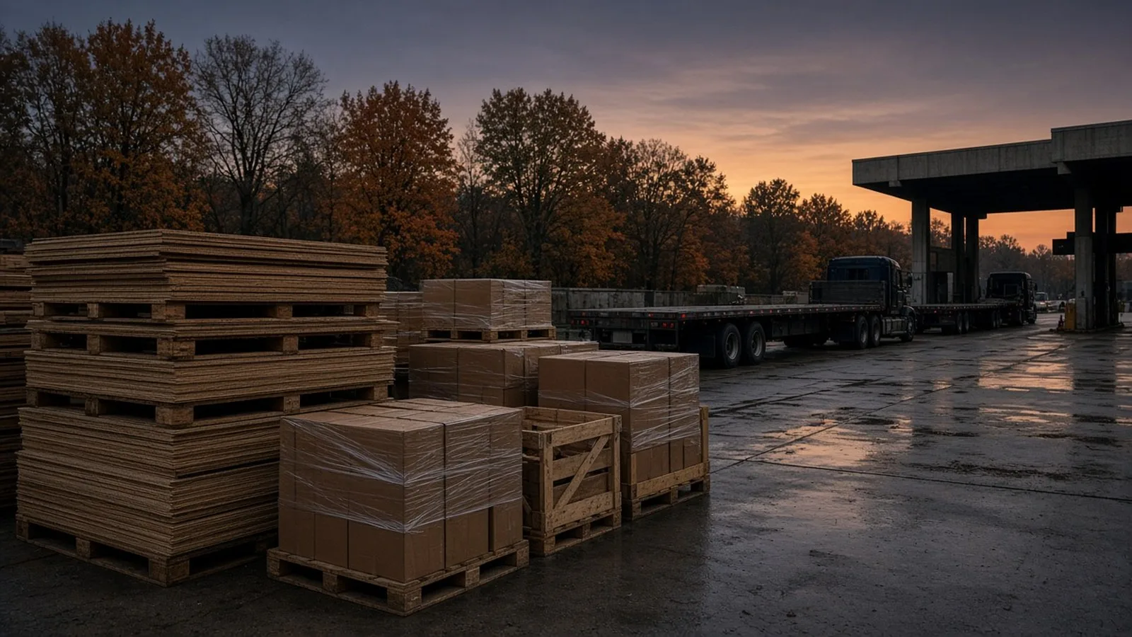 Stacks of plywood, shrink-wrapped cardboard boxes and wooden crates on pallets at a loading dock beside flatbed trucks at dusk.