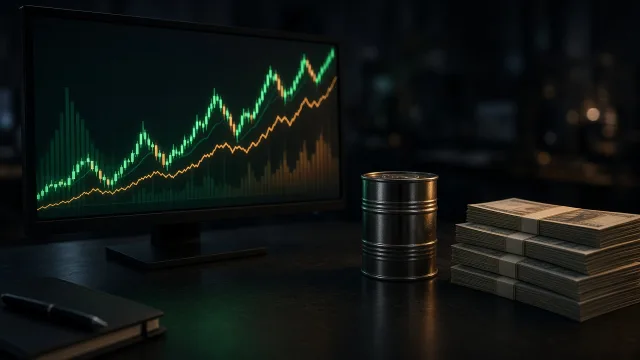Stacks of mixed world banknotes beside a trading screen showing rising currency charts and an oil barrel model