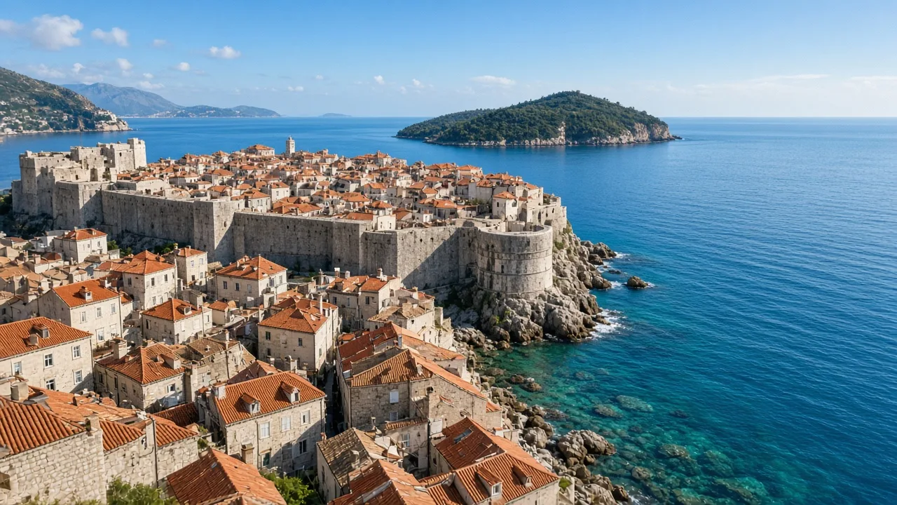 Terracotta rooftops and stone walls of Dubrovnik's Old Town beside the blue Adriatic Sea