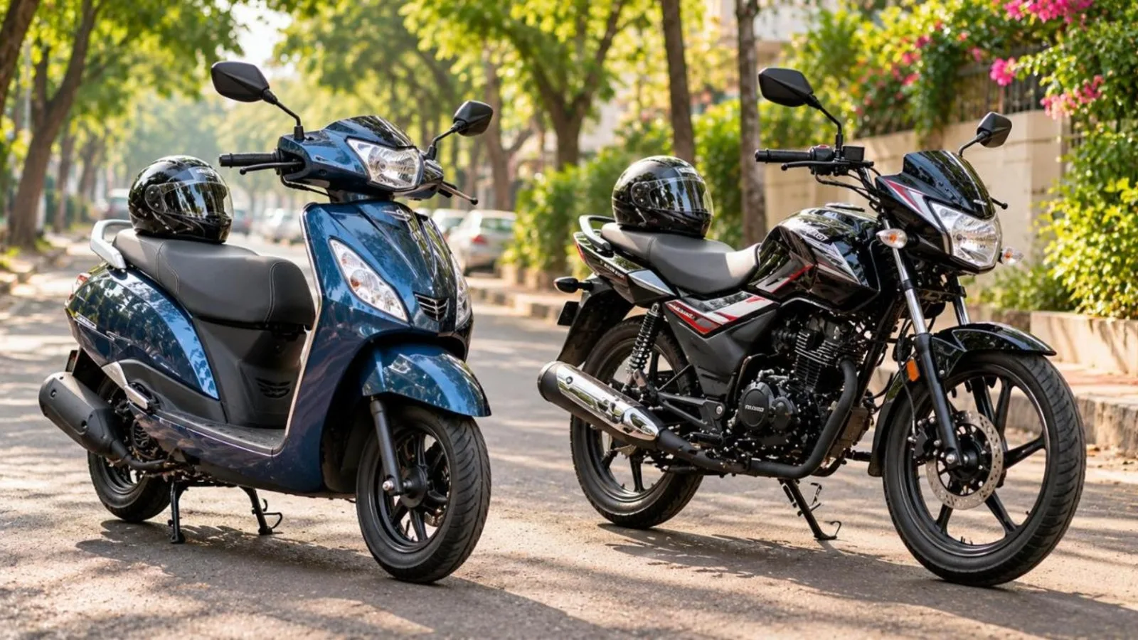 A modern scooter and a commuter motorcycle parked side by side on a tree-lined city street