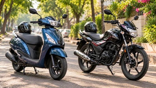 A modern scooter and a commuter motorcycle parked side by side on a tree-lined city street
