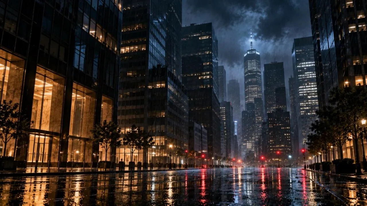 Financial district at night under heavy rain with office towers and an empty reflective street