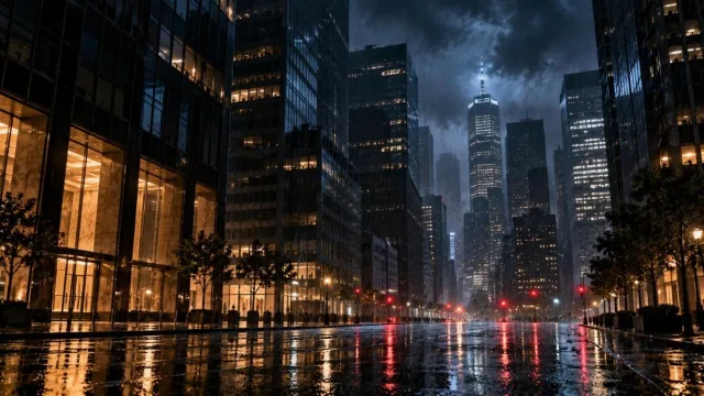 Financial district at night under heavy rain with office towers and an empty reflective street