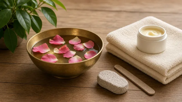 Editorial photo of a brass bowl of warm water with rose petals, a pumice stone, a nail file and a jar of cream on a towel