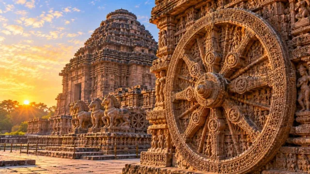 The carved stone chariot wheel and tower of the Konark Sun Temple in golden light