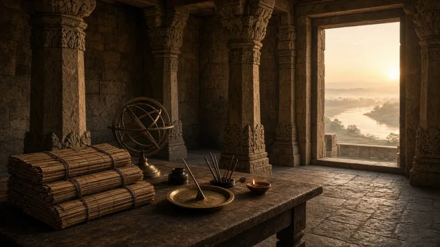 An ancient Gupta-era pillared sandstone hall at dawn, with a low stone desk holding stacks of cord-bound palm-leaf manuscripts, a bronze armillary sphere, a brass dial, an ink pot with reed pens and a
