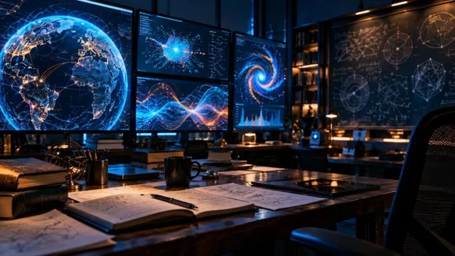 Dark room with large screens showing glowing abstract data visualisations and mathematical patterns
