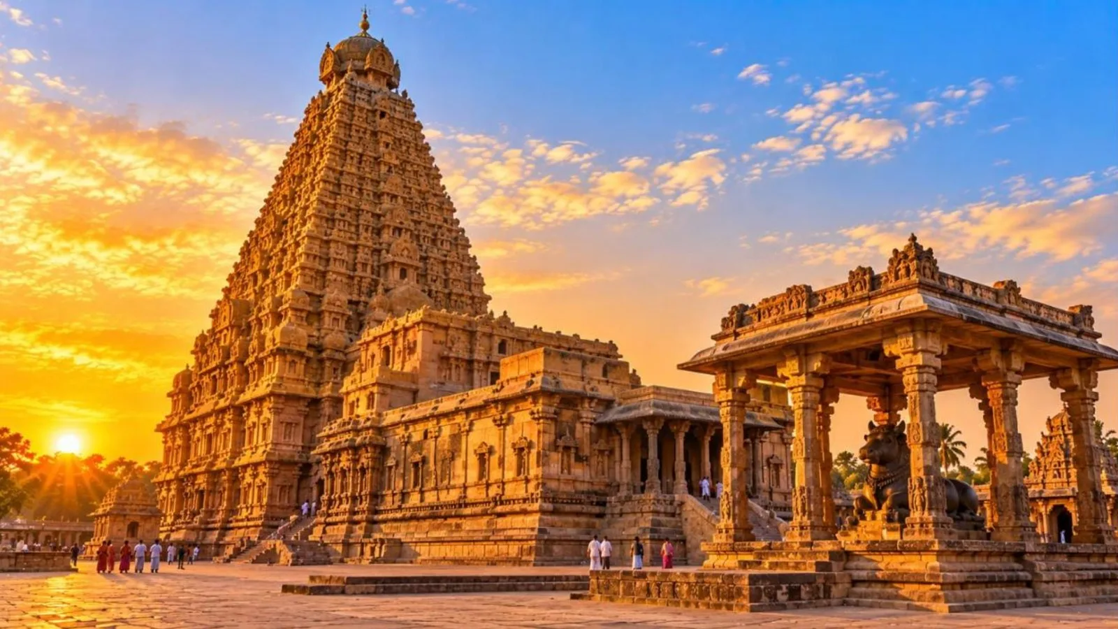The towering vimana of the Brihadeeswarar Temple in Thanjavur at sunset