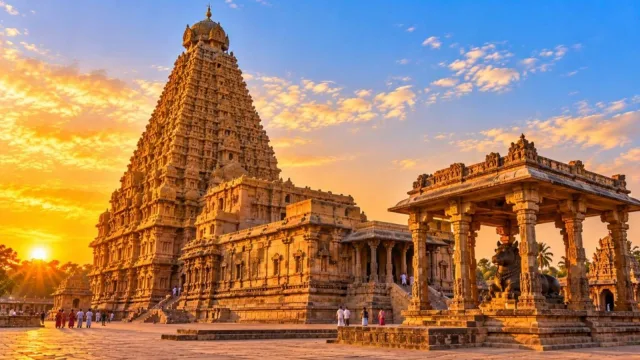 The towering vimana of the Brihadeeswarar Temple in Thanjavur at sunset