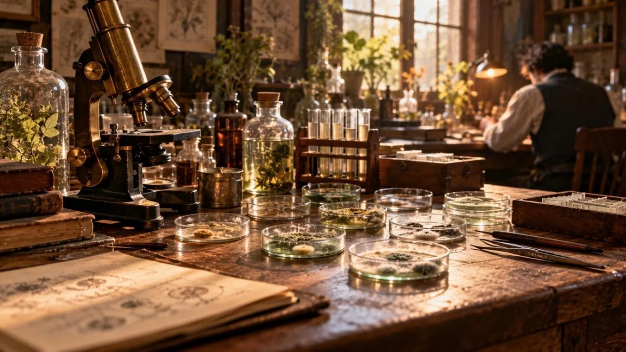 Laboratory bench with glass petri dishes showing mould, a vintage brass microscope and glass bottles