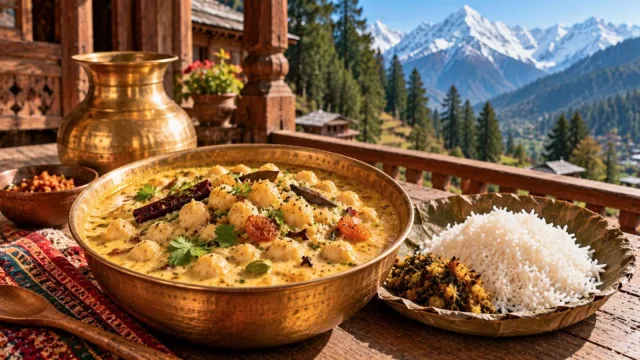 Creamy Himachali chickpea madra in a brass bowl with rice, served on a leaf plate in the mountains