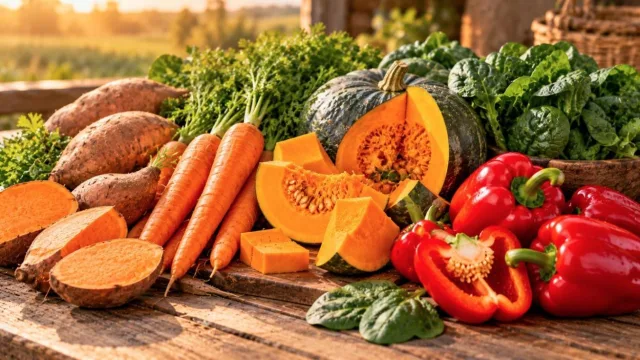 Sweet potatoes, carrots, a cut pumpkin, red peppers and spinach on a rustic wooden table in warm sunlight