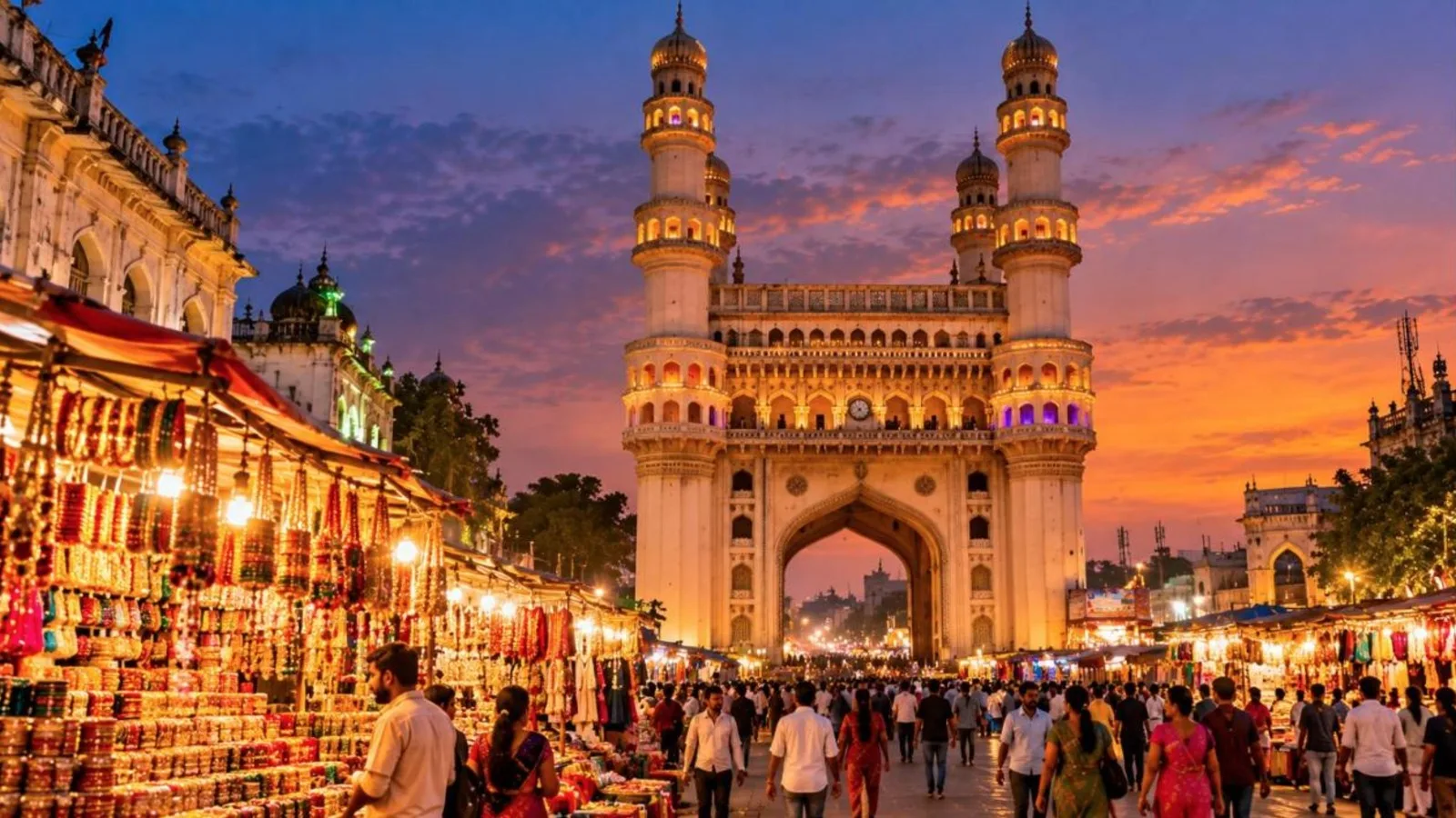 Charminar in Hyderabad lit at dusk with busy bazaar streets around it