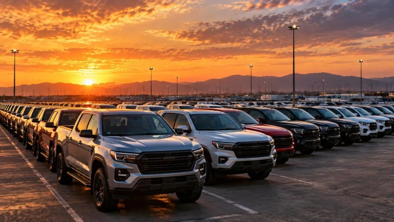 Rows of new pickup trucks and SUVs parked at a vehicle distribution lot at sunset