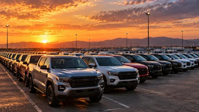 Rows of new pickup trucks and SUVs parked at a vehicle distribution lot at sunset