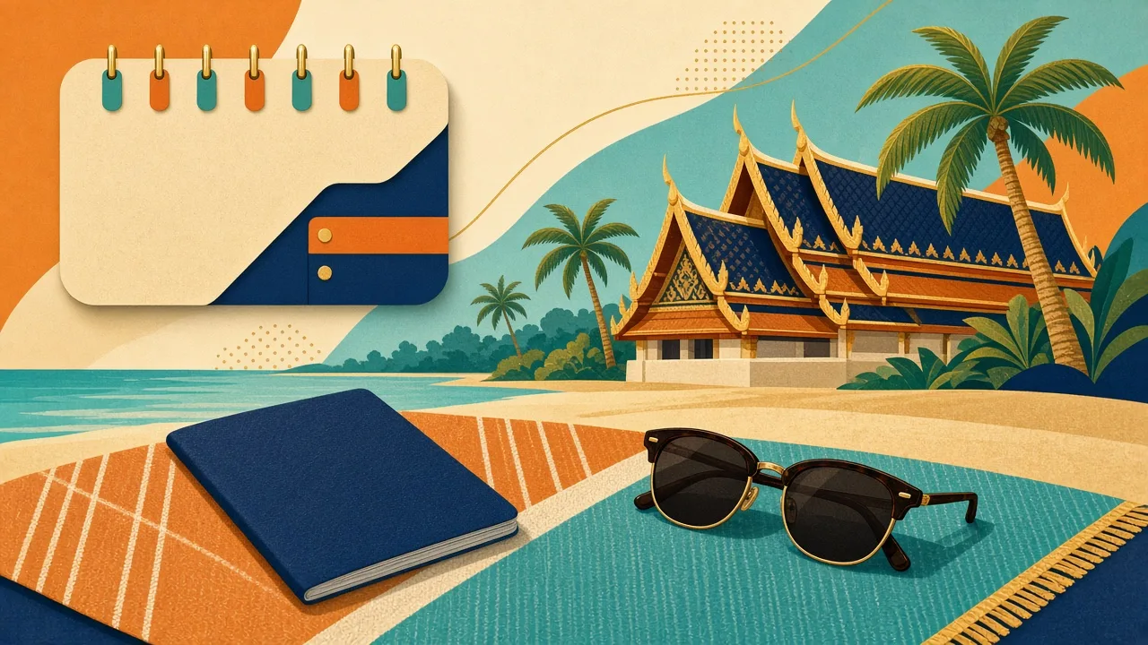 Passport on a beach towel with a Thai temple roofline and a calendar shape, illustrating Thailand's 30-day visa-free rule for Indians