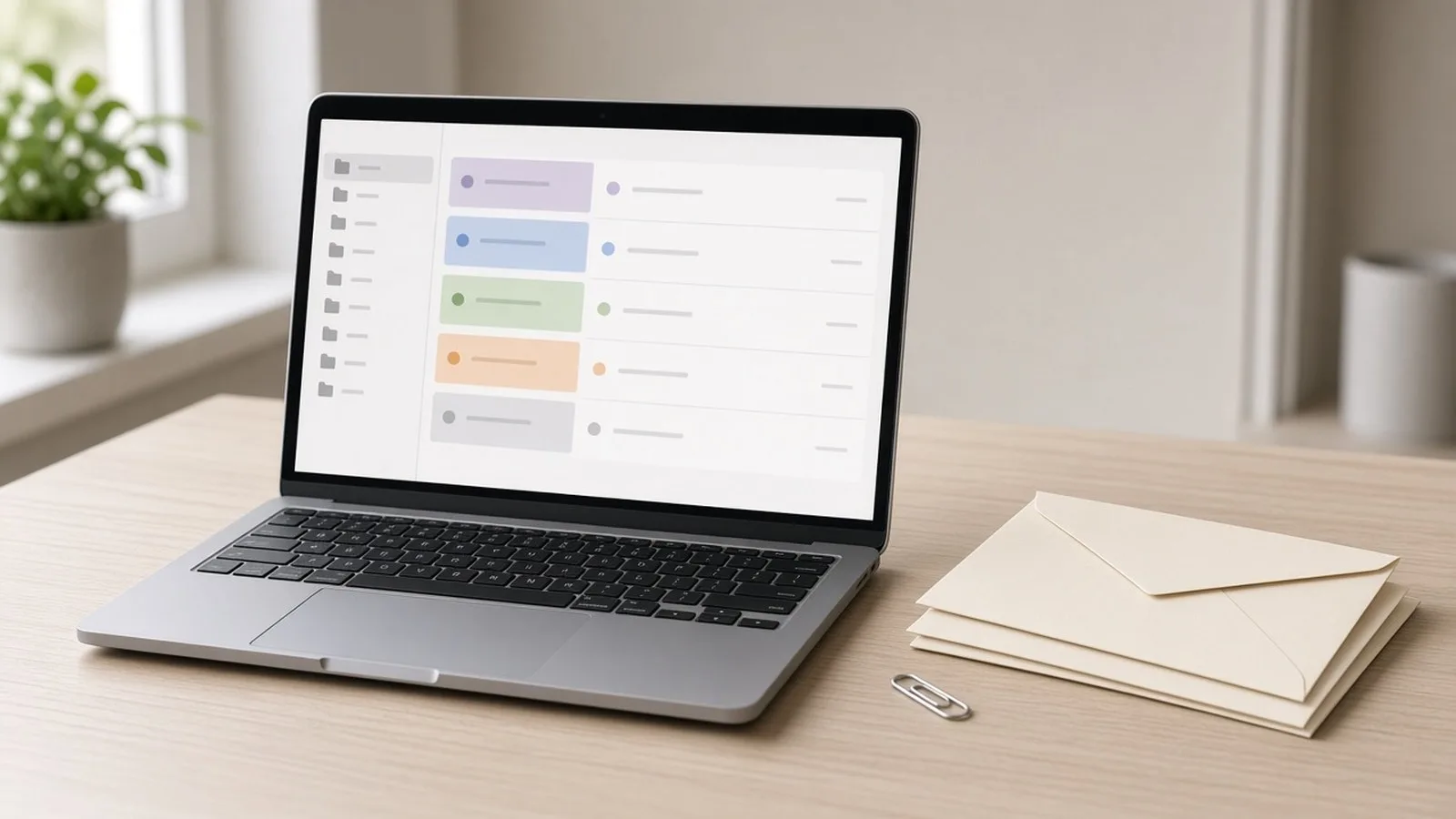 Laptop showing an abstract inbox with envelope icons and a paper clip symbol