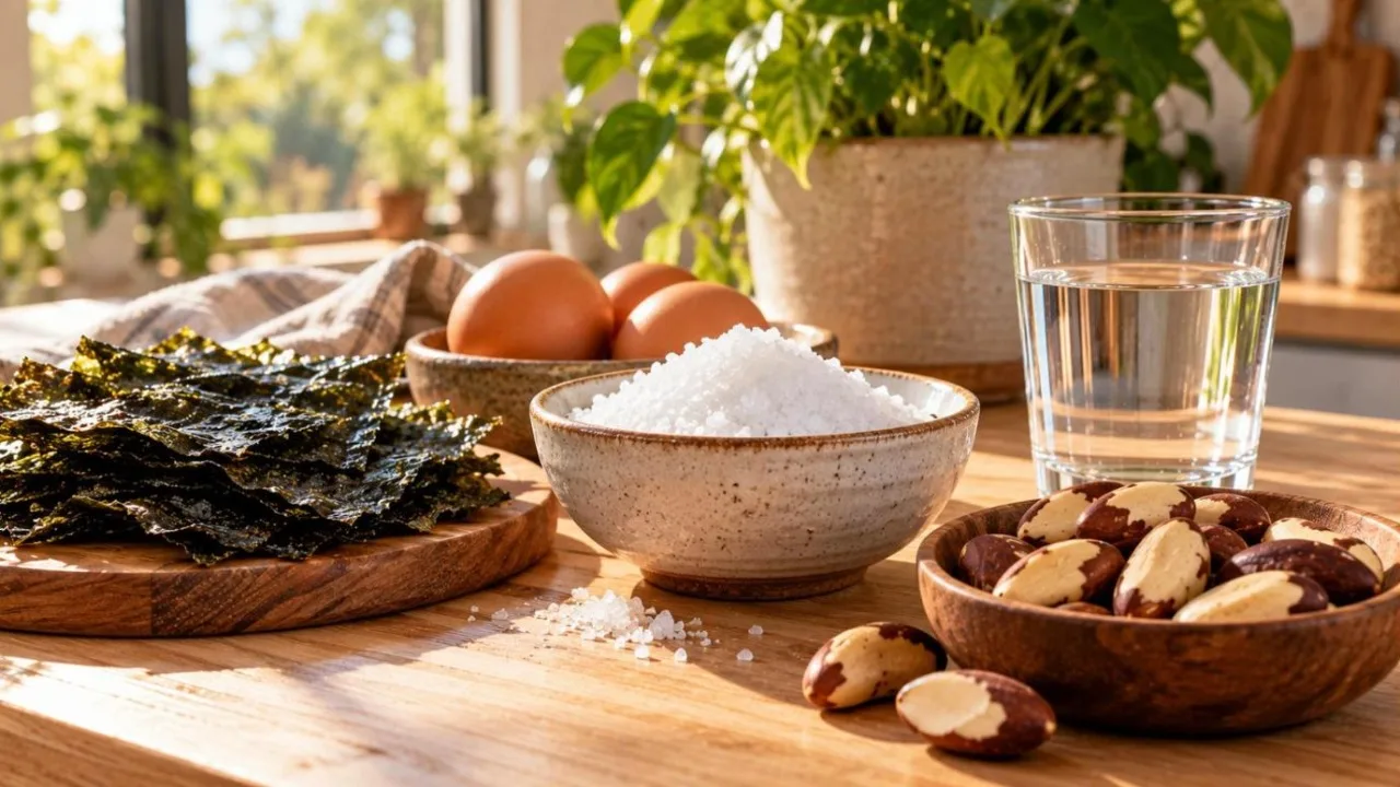 Iodised salt, eggs, nuts and a glass of water on a wooden table
