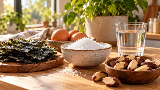 Iodised salt, eggs, nuts and a glass of water on a wooden table