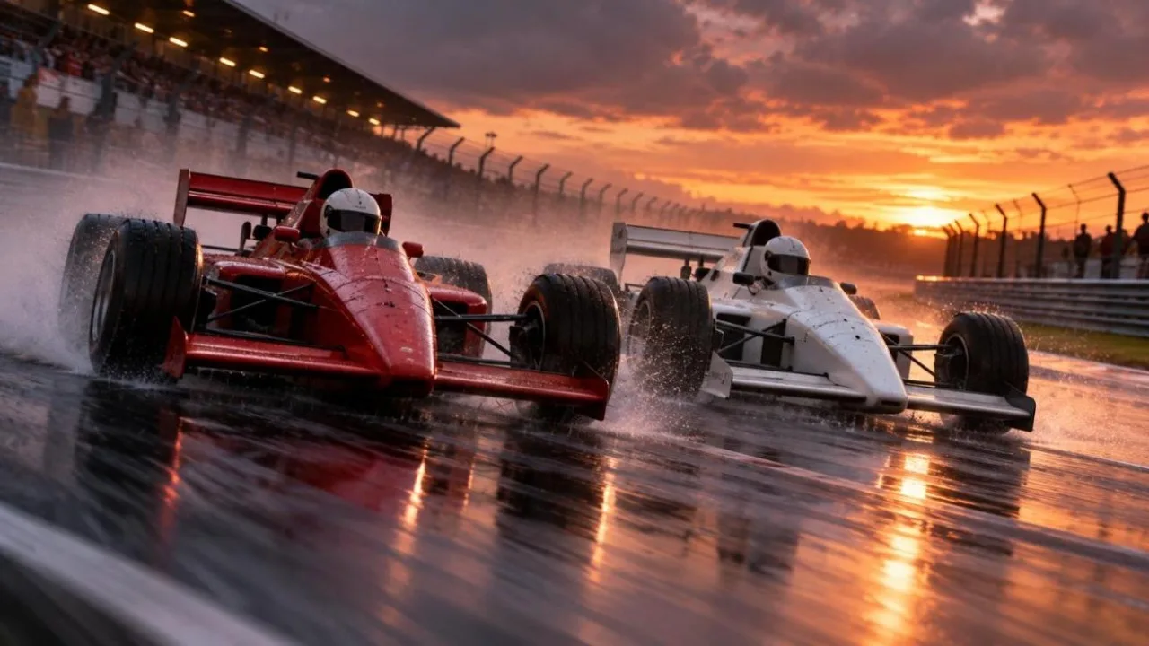 Two unbranded 1980s-style single-seater racing cars wheel to wheel on a wet track at dusk