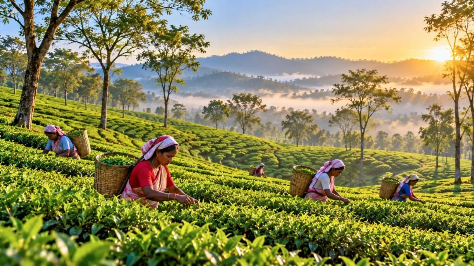 Lush green tea garden in Assam with tea pickers and misty hills