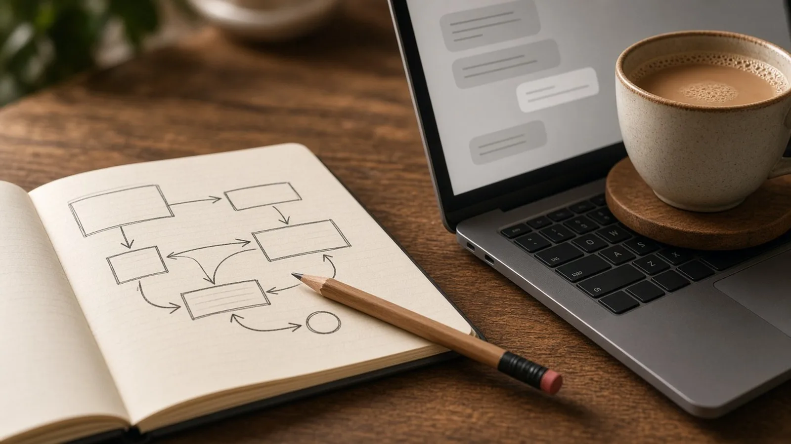 Open notebook with hand-drawn boxes and arrows beside a laptop showing chat bubbles and a cup of chai