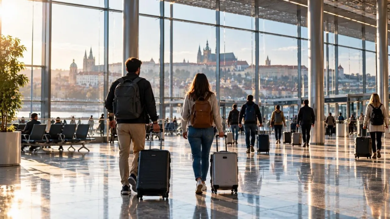 Travellers with suitcases walking through a bright modern European airport terminal