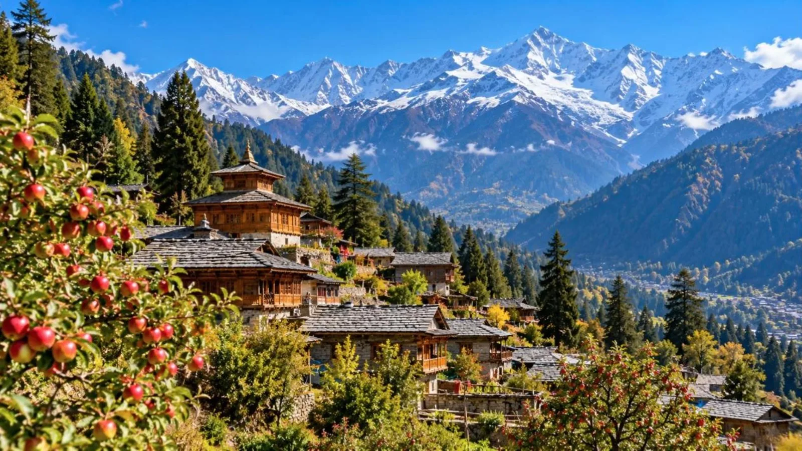 Snow-capped mountains above pine forests and a wooden Himachali village near Manali
