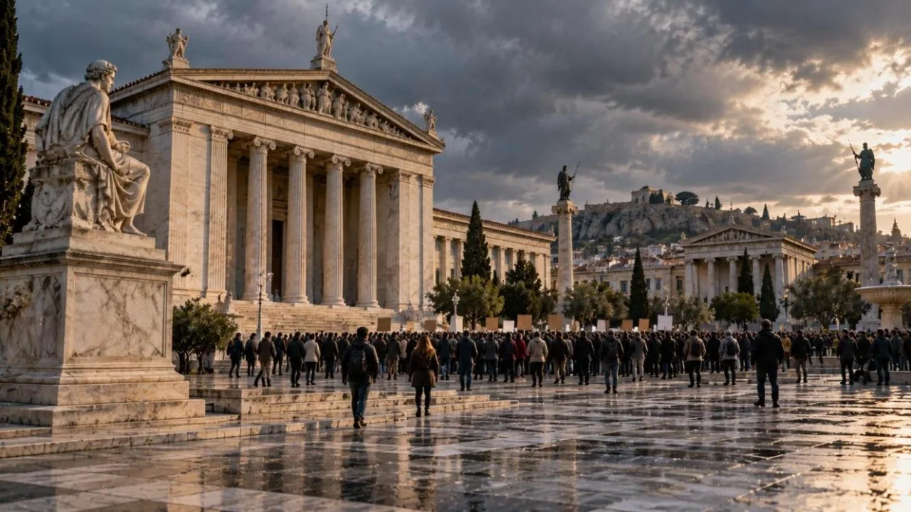 Classical marble columned building with a plaza and distant crowds seen from behind under cloudy skies