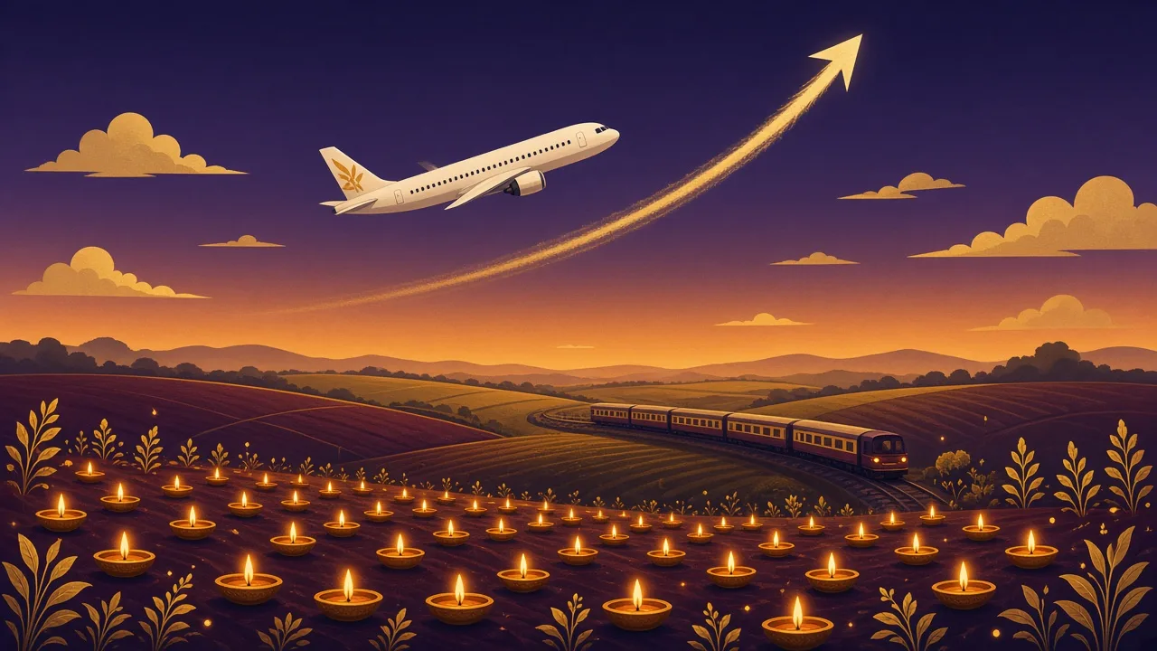 Plane taking off over lit diyas with a rising arrow in the sky and a train below, representing festive airfare increases