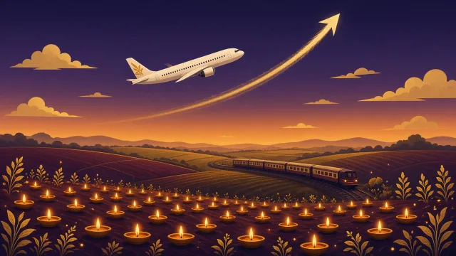 Plane taking off over lit diyas with a rising arrow in the sky and a train below, representing festive airfare increases