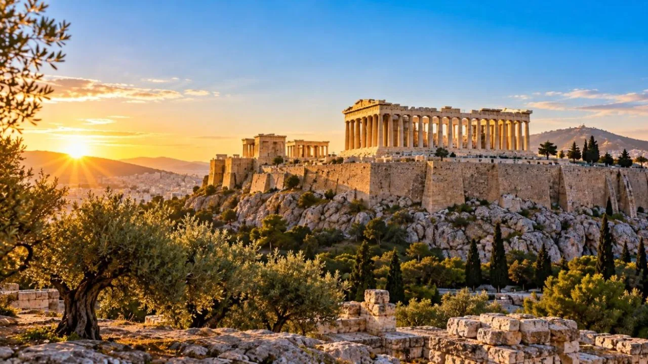 The Parthenon on the Acropolis of Athens at sunrise with olive trees