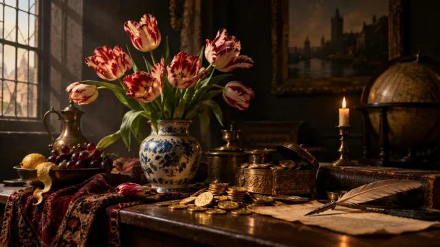 Striped red and white tulips in a vase beside old gold coins and a quill on a dark wooden table