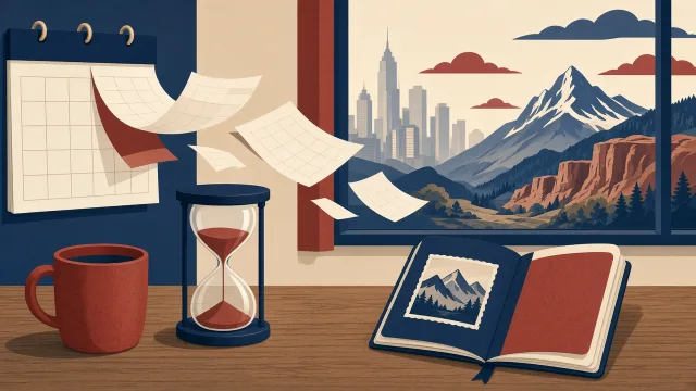 Calendar pages flying off beside an hourglass and passport, with a US skyline through a window, illustrating long US visa waits