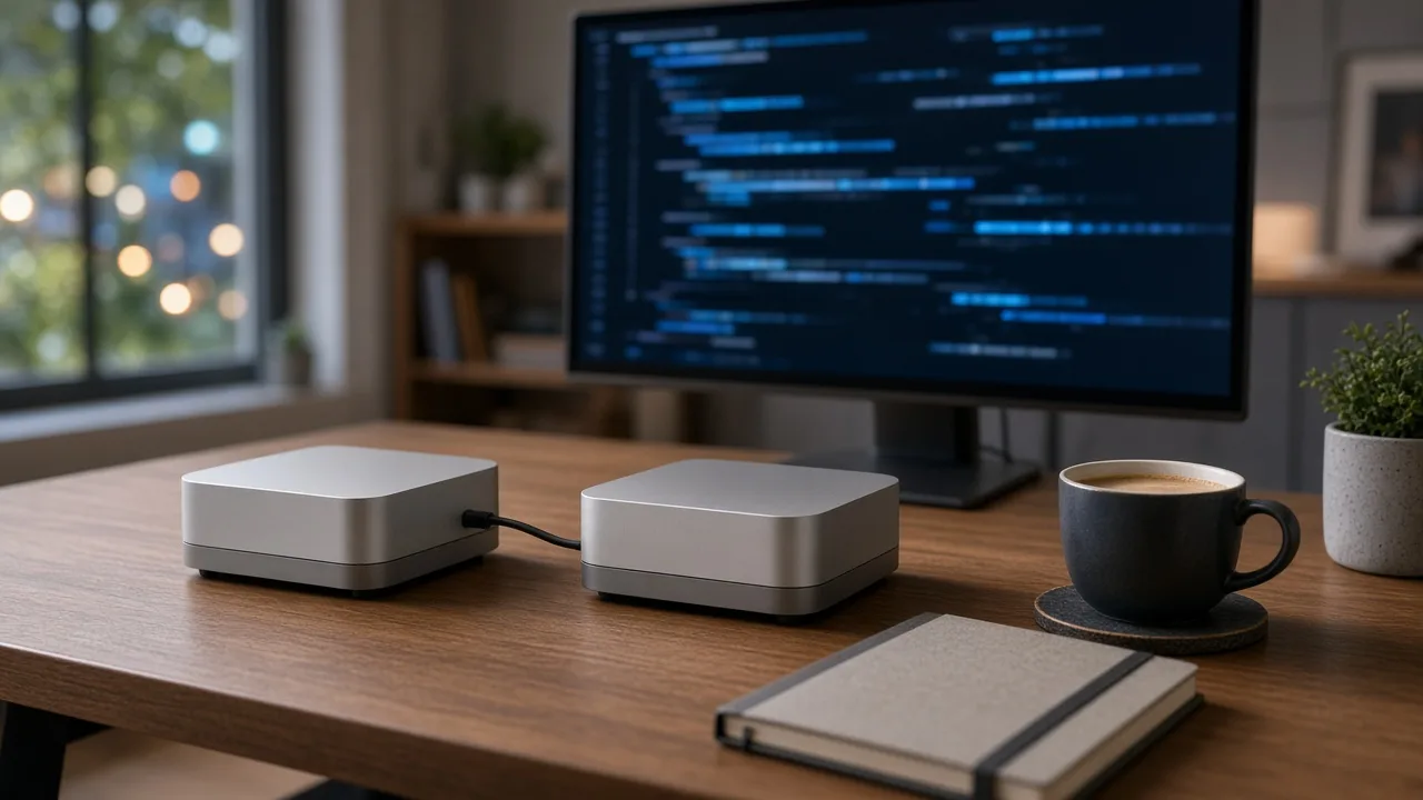 Two compact desktop computers on a wooden desk with a glowing monitor, illustrating Meta's Muse Spark Open AI model running locally on Macs