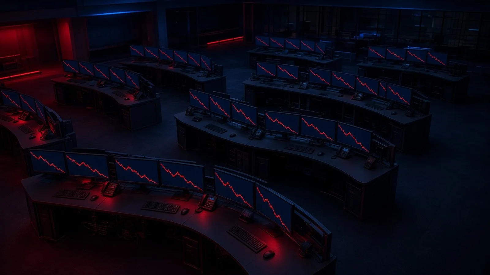 An empty trading floor at night with rows of monitors showing red downward lines
