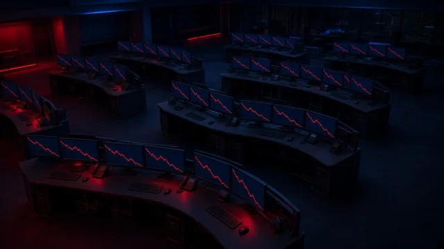 An empty trading floor at night with rows of monitors showing red downward lines